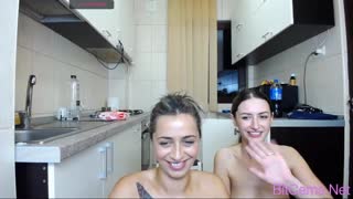 camgirls dive into threesome fuck, spilling cum in kitchen