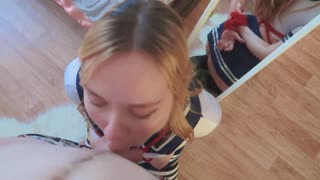 Innocent amateur 18+ tied tight in shibari skirt endures first anal spanking and cumshot