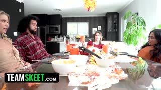 Grateful girls trailer teases asian blonde lesbian foursome licking pussies in thanksgiving orgy