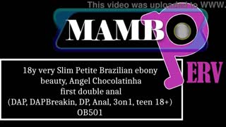 Slim petite Brazilian ebony beauty Angel Chocolatinha dives into her first double anal DP DAP and 3on1 adventure