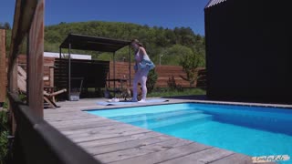 neighbor catches blonde babe in yoga leggings by pool and joins for sloppy blowjob hard doggystyle creampie pounding