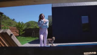 neighbor catches blonde babe in yoga leggings by pool and joins for sloppy blowjob hard doggystyle creampie pounding