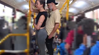 a slutty student flashes her leggings on the bus then takes a public cumshot from a mature guy