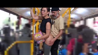 a slutty student flashes her leggings on the bus then takes a public cumshot from a mature guy