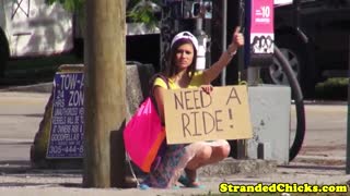 hitchhiking brunette teen teases with car blowjob