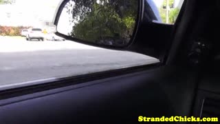 hitchhiking brunette teen teases with car blowjob
