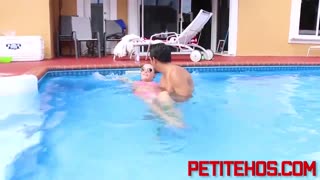 This little 18+ amateur teen gets slammed hard outdoors by the pool
