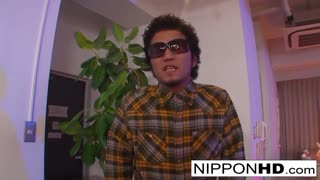 Cameraman scores blowjobs from two sexy Asian babes eager to suck