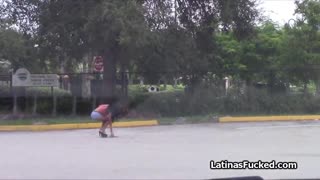 Freshly dumped Latina picked up outdoors, oiled for public blowjob and hardcore fuck