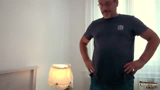 Amateur cutie with pigtails gives first-time blowjob and swallows grandpa's cum