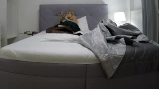 Sofie teases cock with skilled handjob in miniskirt stockings on bed