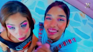 two latinas kneel and suck cock like pros - swallow it all!