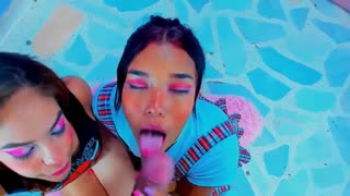 two latinas kneel and suck cock like pros - swallow it all!
