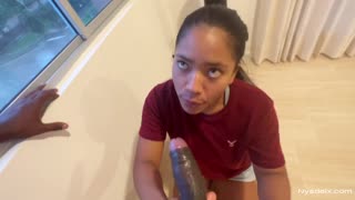 Latina sneaks hidden deepthroat blowjob on boyfriend's big cock!