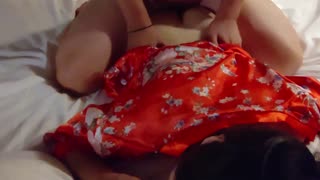 Amateur POV: Cute petite 18+ girl in red kimono gets penetrated from behind, sucks cock, licked pussy, creampie
