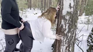 Chubby Hottie in Black Leather Leggings Sucks and Takes Hard Fuck in Snowy Woods