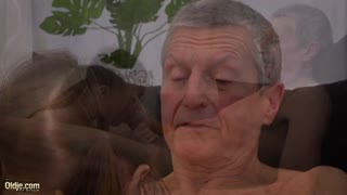 that old man pounds the nerdy glasses girl's tight pussy and mouth doggystyle