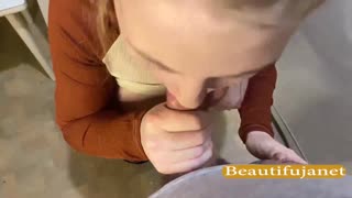 russian blonde drops to knees in kitchen heels for slobbering blowjob and cum swallow