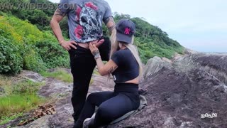 hot babe vacation blowjob turns into beach creampie facial and real orgasm