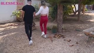 Brunette with curly hair and tattoos rides big cock bareback on the farm after pussy licking