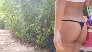 Topless Thong Jog in Woods with Hairy Latina Bush