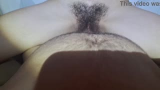 he pumps cum all over her hairy pussy during intense missionary pounding up close
