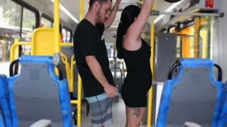 Just another wild day on the bus, a daring guy rubs against a brunette’s round ass until he finishes on her dress