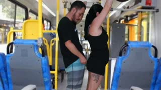 Just another wild day on the bus, a daring guy rubs against a brunette’s round ass until he finishes on her dress