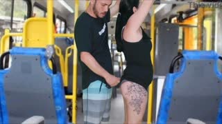 Just another wild day on the bus, a daring guy rubs against a brunette’s round ass until he finishes on her dress