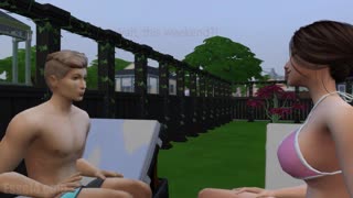 Джейн подкрадывается в Симс 4 у бассейна