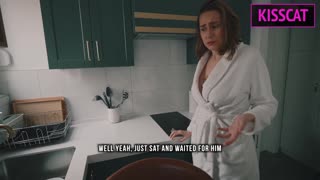 Friend sneaks into bed and fucks busty tattooed milf doggystyle while she chats on phone