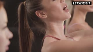 yoga turns into wild lesbian threesome with pussy licking and fingering - a girl knows