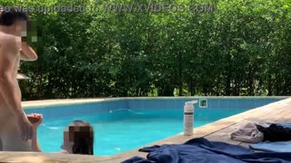 Cleaning the pool when my boss strips naked and pulls me in for outdoor fun too