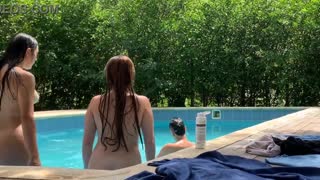 Cleaning the pool when my boss strips naked and pulls me in for outdoor fun too