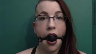 Dark Lipstick Ballgag Solo Girl Drools with Direct Eye Contact Close-Up
