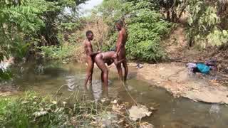 Curvy Brown-Skinned Ebony Exposed at Stream for Devouring