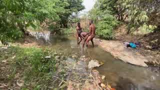 Curvy Brown-Skinned Ebony Exposed at Stream for Devouring