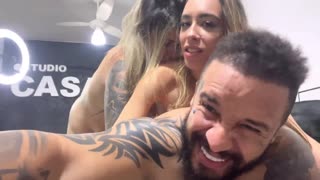 tanned beauty with perfect tits moans wildly in steamy bedroom threesome