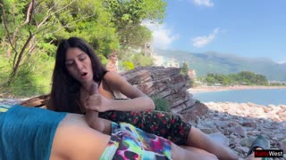 On the beach, a skinny brunette beauty spots public dick flashing, takes it in hand, and helps with a huge outdoor cumload