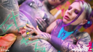 two heavily tattooed punk lesbians spread asses wide for big dildo anal play, atm gapes and real toy orgasms