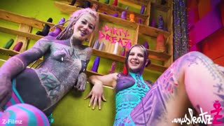 two heavily tattooed punk lesbians spread asses wide for big dildo anal play, atm gapes and real toy orgasms