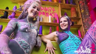 two heavily tattooed punk lesbians spread asses wide for big dildo anal play, atm gapes and real toy orgasms