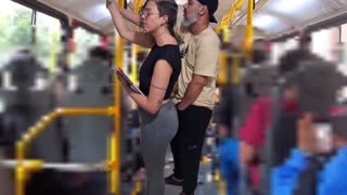 a slutty student flashes her leggings on the bus then takes a public cumshot from a mature guy