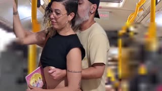 a slutty student flashes her leggings on the bus then takes a public cumshot from a mature guy