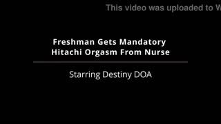 Freshman Destiny DOA Endures Forced Hitachi Orgasm by Nurse in Latex
