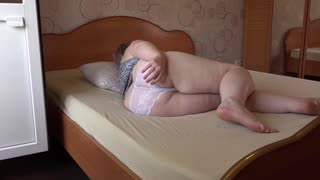 Mature Woman Caught on Home Cam Cleaning in White Panties with Curvy Figure and Big Assets Behind Scenes