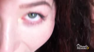 Green eyes and hairy pussy she sucks and masturbates