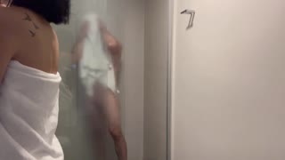 Hey check out Maria Rojas huge fake tits and ass in BTS shower interview with muscular BWC stud Andres Acosta