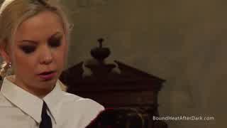 Blonde slave offers precise pussy licking leading to mistress orgasm