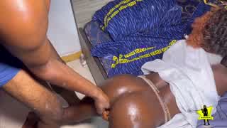 Curvy ebony with big natural tits and onion booty gets oiled and banged in bedroom